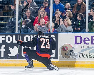 Scott R. Galvin | The Vindicator .Youngstown Phantoms forward Alex Esposito (23) celebrates his first period goal against the Fargo Force during the first period at the Covelli Centre on February 25, 2017.