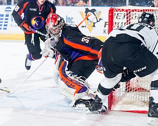 Scott R. Galvin | The Vindicator .Youngstown Phantoms goalie Ivan Kulbakov (31) makes a save during the second period against the Fargo Force at the Covelli Centre on February 25, 2017.