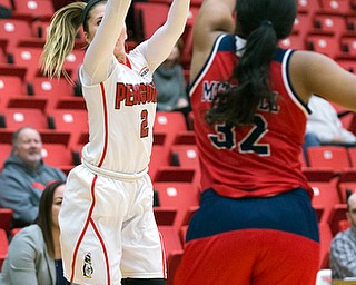 MICHAEL G TAYLOR | THE VINDICATOR- 02-25-17  -Women's  Basketball-  1st qtr., YSU's #2 Alison Smolinski fires a 3 pointer over Detroit Mercy's #32 Kelsey Mitchell. Detroit Mercy Titans vs YSU Penguins at YSU, Beeghly Center in Youngstown, OH