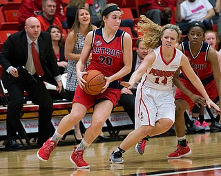 MICHAEL G TAYLOR | THE VINDICATOR- 02-25-17  -Women's  Basketball-  2nd qtr., YSU's #14 Melinda Trimme defends against Detroit Mercy's #20 Nicole Urbanick. Detroit Mercy Titans vs YSU Penguins at YSU, Beeghly Center in Youngstown, OH