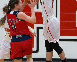 MICHAEL G TAYLOR | THE VINDICATOR- 02-25-17  -Women's  Basketball- 3rd qtr., YSU's #2 Alison Smolinski stops the shot of Detroit Mercy's #11 Rosanna Reynolds. Detroit Mercy Titans vs YSU Penguins at YSU, Beeghly Center in Youngstown, OH