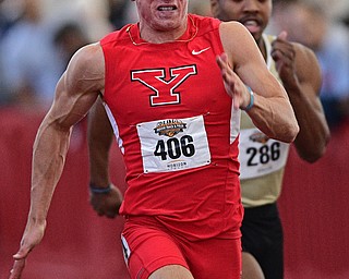 YOUNGSTOWN, OHIO - FEBRUARY 26, 2017: Chad Zallow of YSU sprints to the finish line ahead of Aaron Davis of Oakland to finish first during the men's 60 meter dash during the Horizon League Championship track meet, Sunday afternoon at Youngstown State. DAVID DERMER | THE VINDICATOR