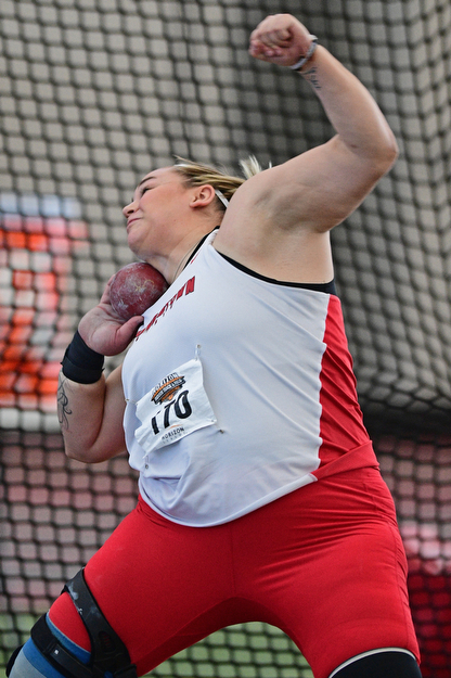 YOUNGSTOWN, OHIO - FEBRUARY 26, 2017: Jaynee Corbett of YSU winds up before throwing the shot put during the women's shot put during the Horizon League Championship track meet, Sunday afternoon at Youngstown State. DAVID DERMER | THE VINDICATOR