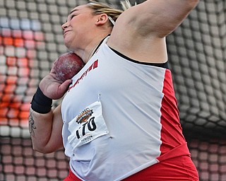 YOUNGSTOWN, OHIO - FEBRUARY 26, 2017: Jaynee Corbett of YSU winds up before throwing the shot put during the women's shot put during the Horizon League Championship track meet, Sunday afternoon at Youngstown State. DAVID DERMER | THE VINDICATOR