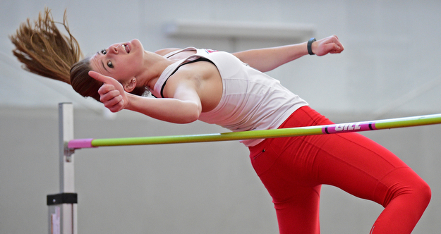 YOUNGSTOWN, OHIO - FEBRUARY 26, 2017: Mackenzie Sturtz of YSU clears the bar during an attempt during the women's high jump during the Horizon League Championship track meet, Sunday afternoon at Youngstown State. DAVID DERMER | THE VINDICATOR