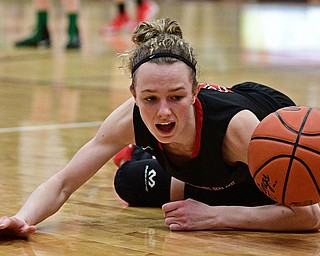AUSTINTOWN, OHIO - FEBRUARY 27, 2017: Alexis Bury #13 of Struthers watches as the ball rolls out of bounds after it was knocked away from her by Kayla Hovorka #23 of West Branch during the second half of their game Monday night at Austintown Fitch High School. DAVID DERMER | THE VINDICATOR
