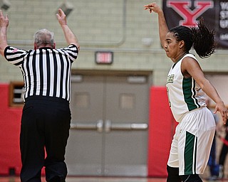STRUTHERS, OHIO - MARCH 1, 2017: Dayshanette Harris #1 of Ursuline celebrates after draining a three during the second half of their tournament game Wednesday night at Struthers High School. DAVID DERMER | THE VINDICATOR
