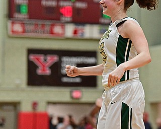STRUTHERS, OHIO - MARCH 1, 2017: Lindsay Bell #35 of Ursuline celebrates after the final buzzer of their tournament game Wednesday night at Struthers High School. DAVID DERMER | THE VINDICATOR