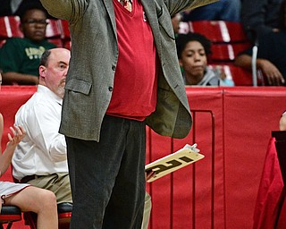 STRUTHERS, OHIO - MARCH 1, 2017: Head coach Ron Moschella of Columbiana shouts on the sideline during the first half of their tournament game, Wednesday night at Struthers High School. DAVID DERMER | THE VINDICATOR