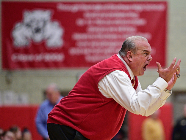 STRUTHERS, OHIO - MARCH 1, 2017: Head coach Ron Moschella of Columbiana shouts on the sideline during the second half of their tournament game, Wednesday night at Struthers High School. DAVID DERMER | THE VINDICATOR