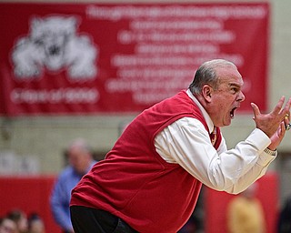 STRUTHERS, OHIO - MARCH 1, 2017: Head coach Ron Moschella of Columbiana shouts on the sideline during the second half of their tournament game, Wednesday night at Struthers High School. DAVID DERMER | THE VINDICATOR