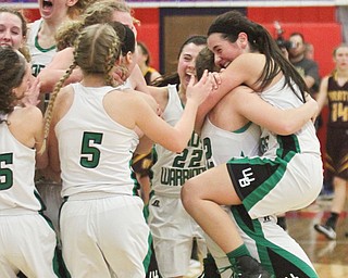 William D Leiws the Vindicator West Branch Players celebrate after defeating South East 3-2-17 at Fitch. At right Kirsten Plocher(12) picks up  Brenna rito (3)