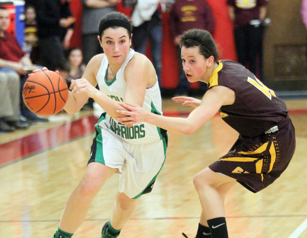 William D Lewis The Vindicator  West Branch's Brenna rito(3) drives around South easts Leann James(4).
