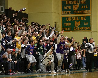 The Ursuline student section celebrates a basket during the 4th quarter as Cardinal Mooney takes on Ursuline, Friday, March 3, 2017 at Ursuline High School. Ursuline won 39-37...(Nikos Frazier | The Vindicator)..