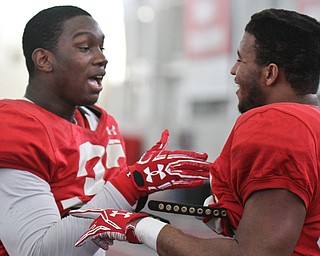 William D Lewis the Vindicator YSU DE's Johnson Loigene)(33), left, and Fazson Chapman(98) talk during 3-3-17 practice at WATTS Center.