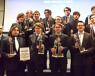 SPECIAL TO THE VINDICATOR
More than 180 Career and Technical Center information technology students from Ashtabula, Columbiana, Trumbull and Mahoning counties recently met for the Business Professional of America Region 11 awards ceremony banquet in the Joyce Brooks Center, Canfield. Helen Slack, information technology instructor and BPA adviser, and 15 of her students from MCCTC won first place in numerous categories to qualify for state competition at the BPA State Leadership Conference in Columbus, March 16 and 17. Qualifiers, in front from left, are Jayden Goddard, Canfield High School, fundamentals of word processing; Aleczander Carbon, Poland, and Aaron Fleming, West Branch, economic research team; Jacob McMurray, Jackson Milton, business law and ethics; Kyle Mamounis, Poland, network design team; and Slack. In the second row are Noah Eynon, Austintown, database management applications; Anthony Mariotti, Lowellville, and Nathan Davis, Western Reserve, website design team; Dylan Mills, Austintown, presentation management individual; and Marty Pavalko, Lowellville, network design team. In back are Nathaniel Dama, Canfield, systems administration using Cisco; Nickolas Thomas, Jackson Milton, website design team; Antonio Magallon, Austintown, database management applications; and Ethan Edwards, Poland, network design team. Isaiah Figueroa, Poland, also placed first in Java programming. BPA is a career-technical student organization with 19 regions in Ohio. Regions are directed by student leadership teams assisted by advisers.