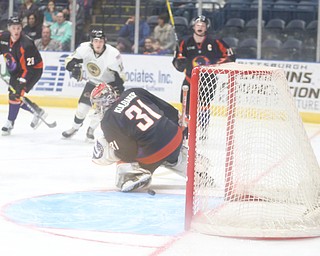 Phantoms goalie Ivan Kulbakov(31) turns around in time to see the puck fly into the net during the 1st period as the Muskegon Lumberjacks take on the Youngstown Phantoms, Saturday, March 4, 2017 at the Covelli Centre. ..(Nikos Frazier | The Vindicator)..