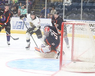 Phantoms goalie Ivan Kulbakov(31) turns around in time to see the puck fly into the net during the 1st period as the Muskegon Lumberjacks take on the Youngstown Phantoms, Saturday, March 4, 2017 at the Covelli Centre. ..(Nikos Frazier | The Vindicator)..