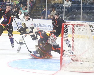 Phantoms goalie Ivan Kulbakov(31) turns around in time to see the puck fly into the net during the 1st period as the Muskegon Lumberjacks take on the Youngstown Phantoms, Saturday, March 4, 2017 at the Covelli Centre. ..(Nikos Frazier | The Vindicator)..