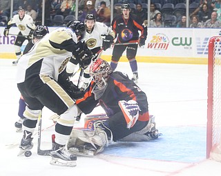 Phantoms goalie Ivan Kulbakov(31) kneels down to try and block the puck during the 1st period as the Muskegon Lumberjacks take on the Youngstown Phantoms, Saturday, March 4, 2017 at the Covelli Centre. ..(Nikos Frazier | The Vindicator)..