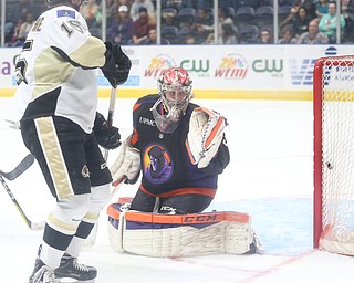 Phantoms goalie Ivan Kulbakov(31) kneels down to try and block the puck during the 1st period as the Muskegon Lumberjacks take on the Youngstown Phantoms, Saturday, March 4, 2017 at the Covelli Centre. ..(Nikos Frazier | The Vindicator)..