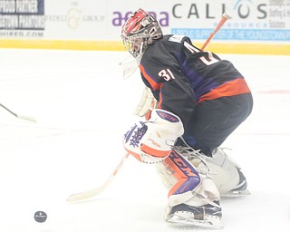 Phantoms goalie Ivan Kulbakov(31) watches the puck fly by him during the 1st period as the Muskegon Lumberjacks take on the Youngstown Phantoms, Saturday, March 4, 2017 at the Covelli Centre. ..(Nikos Frazier | The Vindicator)..