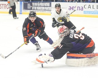 Phantoms goalie Ivan Kulbakov(31)kneels down to grab the puck during the 1st period as the Muskegon Lumberjacks take on the Youngstown Phantoms, Saturday, March 4, 2017 at the Covelli Centre. ..(Nikos Frazier | The Vindicator)..