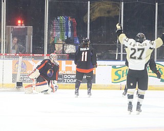 Phantoms goalie Ivan Kulbakov(31) rests in the goal after missing another shot on goal as Lumberjack Anthony Del Gaizo(27) celebrates in the foreground during the 1st period as the Muskegon Lumberjacks take on the Youngstown Phantoms, Saturday, March 4, 2017 at the Covelli Centre. ..(Nikos Frazier | The Vindicator)..