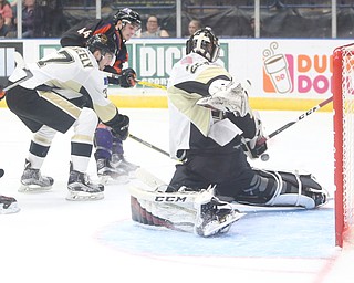 Lumberjacks goalie Keith Petruzzelli(29) watches the puck fly by during the 1st period as the Muskegon Lumberjacks take on the Youngstown Phantoms, Saturday, March 4, 2017 at the Covelli Centre. ..(Nikos Frazier | The Vindicator)..