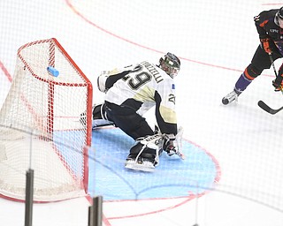 Phantoms Tommy Apap(21) pauses before shooting against Lumberjacks goalie Keith Petruzzelli(29) during the 2nd period as the Muskegon Lumberjacks take on the Youngstown Phantoms, Saturday, March 4, 2017 at the Covelli Centre. ..(Nikos Frazier | The Vindicator)..