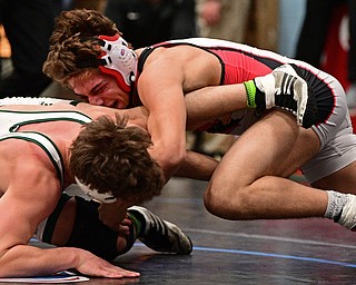 ALLIANCE, OHIO - MARCH 4, 2017: Anthony D'Alesio of Canfield works to flip Colin Langer of Mentor Lake Catholic over onto his back during their 152lb 3rd/4th place bout Saturday night at Alliance High School. DAVID DERMER | THE VINDICATOR