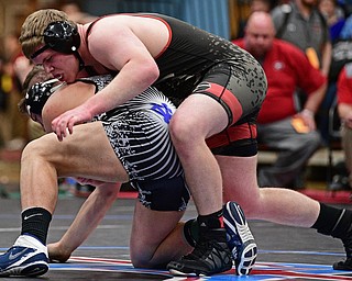 ALLIANCE, OHIO - MARCH 4, 2017: Jack DelGarbino of Girard controls the back of Breslin Walker of CVCA during their 220lb championship bout Saturday night at Alliance High School. DAVID DERMER | THE VINDICATOR