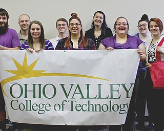SPECIAL TO THE VINDICATOR
Nine business administration students from Ohio Valley College of Technology in East Liverpool recently collaborated with the admission and career services department to design and implement a marketing and sales plan for a charity. The students unanimously decided to raise funds for Make A Wish Foundation of Ohio, Kentucky and Indiana, and spent eight weeks developing three products and marketing plans for each. The final items are $2 wristbands, $8 tumbler mugs and $15 work totes. The students have set up tables on campus and at local high schools and athletic events. They are selling through March 31. Students involved in the project, in front from left, are Dalton Brewer, Kaylyn Hardman, Bridget Brenneman, Katie Lowe and Mariah Betteridge. In back are Jeremy Carman, Brandon Bates, Jennell Bolton and Morgan DiVencenzo. For information or to purchase an item, contact Monica Allison at mallison@ovct.edu, or 330-385-1070.