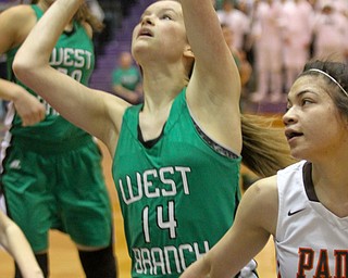 William D Lewis The Vindicator WB's Hannah Ridgway(14) shoots over Pdua's Alex Pillin(403082017 wdl west branch padua d..).