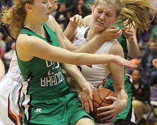 William D Lewis The Vindicator WB's Kayla Havork(23and  Padua's Sarah Rapacz(30) go for the ball.
