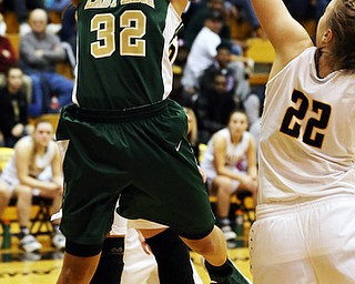 03-04-17 - D3 Regional Semi Girls Basketball-  Garfield G-Men vs Ursuline Irish at Cuyahoga Falls High School in Cuyahoga Falls, OH.  1st.. qtr., Ursuline's #32 Simone Comer shoots Garfield's #10 Grayson Rose
