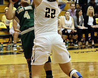 03-04-17 - D3 Regional Semi Girls Basketball-  Garfield G-Men vs Ursuline Irish at Cuyahoga Falls High School in Cuyahoga Falls, OH.  .1st.. qtr., Ursuline's #4 Nomiki Willis shoots against Garfield's #22 Makenna Lawrence
