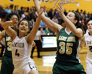 03-04-17 - D3 Regional Semi Girls Basketball-  Garfield G-Men vs Ursuline Irish at Cuyahoga Falls High School in Cuyahoga Falls, OH.  .1st.. qtr., Ursuline's #35 Lindsay Bell and Garfield's #4 Ashjyn Geddes go for the rebound