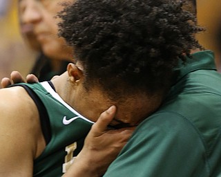 03-04-17 - D3 Regional Semi Girls Basketball-  Garfield G-Men vs Ursuline Irish at Cuyahoga Falls High School in Cuyahoga Falls, OH.  .4th. qtr., Ursuline's #32 Simone Comeris consoled by her coach on the bench as Garfield G-Men win the game.