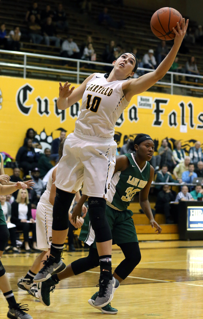 03-04-17 - D3 Regional Semi Girls Basketball-  Garfield G-Men vs Ursuline Irish at Cuyahoga Falls High School in Cuyahoga Falls, OH.  .1st.. qtr., Garfield's #10 Grayson Rose grabs the rebound form Ursuline's #30 Anyah Curd