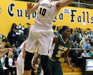03-04-17 - D3 Regional Semi Girls Basketball-  Garfield G-Men vs Ursuline Irish at Cuyahoga Falls High School in Cuyahoga Falls, OH.  .1st.. qtr., Garfield's #10 Grayson Rose grabs the rebound form Ursuline's #30 Anyah Curd