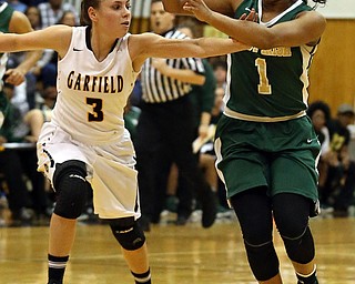 03-04-17 - D3 Regional Semi Girls Basketball-  Garfield G-Men vs Ursuline Irish at Cuyahoga Falls High School in Cuyahoga Falls, OH.  .2nd. qtr., Ursuline's #1 Datshanette Harris pass the ball against Garfield's #3 Callie Pfile