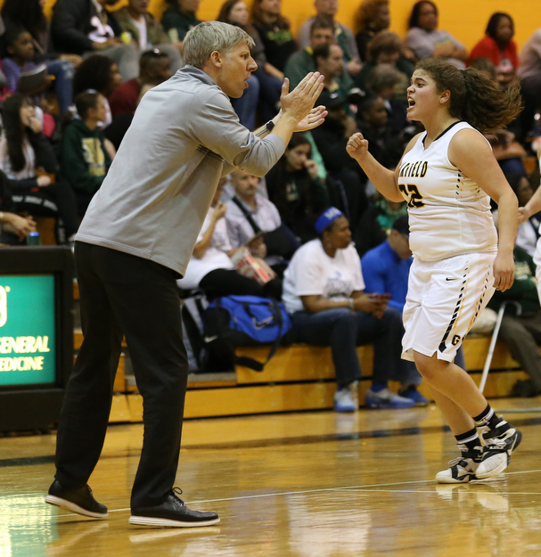 03-04-17 - D3 Regional Semi Girls Basketball-  Garfield G-Men vs Ursuline Irish at Cuyahoga Falls High School in Cuyahoga Falls, OH.  .3rd. qtr., Garfield's #32 Taylor Brown and head coach Aaron Gilbert raect to Garfield's lead