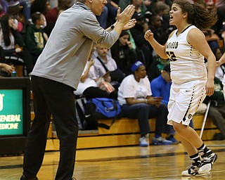 03-04-17 - D3 Regional Semi Girls Basketball-  Garfield G-Men vs Ursuline Irish at Cuyahoga Falls High School in Cuyahoga Falls, OH.  .3rd. qtr., Garfield's #32 Taylor Brown and head coach Aaron Gilbert raect to Garfield's lead