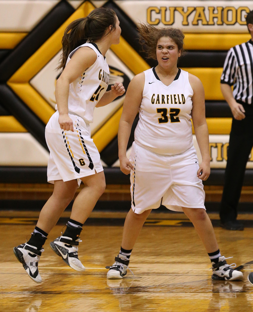 03-04-17 - D3 Regional Semi Girls Basketball-  Garfield G-Men vs Ursuline Irish at Cuyahoga Falls High School in Cuyahoga Falls, OH.  .Garfield's #24 Lauren Jones and Garfield's #32 Taylor Brown celbrate their victory