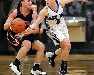 03-09-17 -Girls Basketball-  1st. qtr., Jackson-Milton's #3 Emily Williams steals the ball from Dalton's #21 Kelsey shoup.  Dalton Bulldogs vs Jackson-Milton Blue Jays at Perry High School in Massillon, OH.