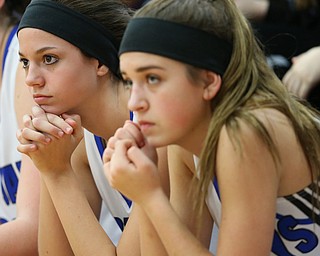 03-09-17 -Girls Basketball-  4th. qtr., Jackson-Milton's #25 Courtney Mercer (left) and #15 Bailey Estes nervously await the outcome.  Dalton Bulldogs vs Jackson-Milton Blue Jays at Perry High School in Massillon, OH.