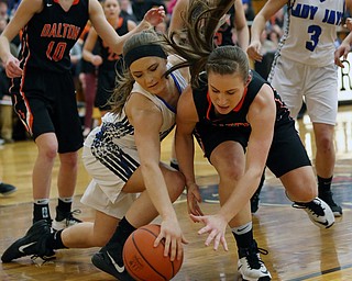 03-09-17 -Girls Basketball-  1st. qtr., Jackson-Milton's #12 Kaitlyn Totani and Dalton's #21 Kelsey Shoup go for the loose ball.  Dalton Bulldogs vs Jackson-Milton Blue Jays at Perry High School in Massillon, OH.
