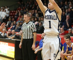 Zach Rasile(1) goes up for three during the 1st quarter as Southern Local takes on McDonald, Friday, March 10, 2017 at Struthers High School. McDonald won 96-43...(Nikos Frazier | The Vindicator)..