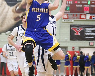 Jacob Joiner(5) goes up for a layup during the 2nd quarter as Southern Local takes on McDonald, Friday, March 10, 2017 at Struthers High School. McDonald won 96-43...(Nikos Frazier | The Vindicator)..